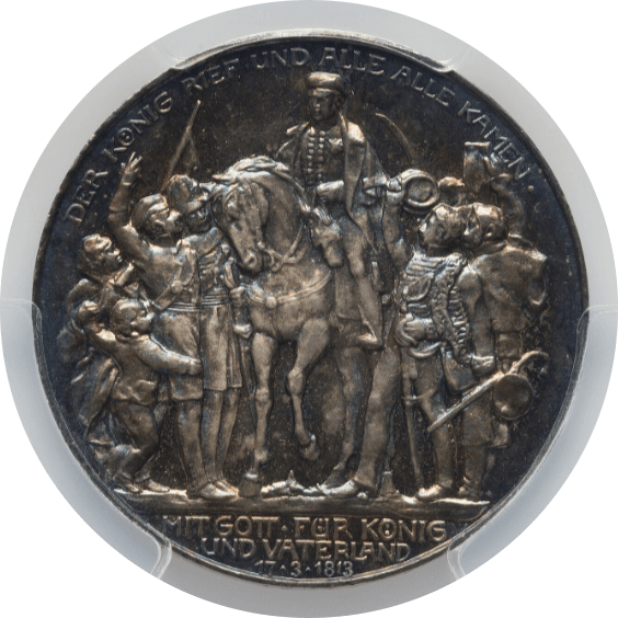 【PR66】1913年 ドイツ ヴィルヘルム2世 ナポレオン戦争敗北100周年記念  3マルク銀貨(表)