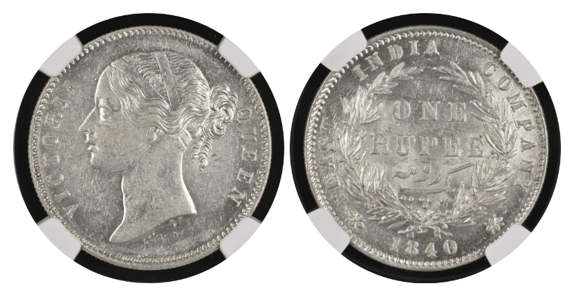 【AU58】1840年 英領インド 東インド会社  ヴィクトリア女王 1ルピー銀貨 5枚セット(表)