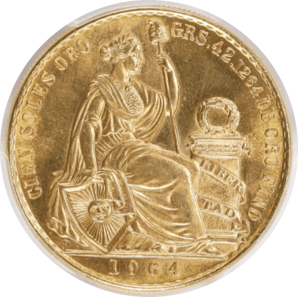 【MS65】1964年 ペルー 女神の坐像 100ソル金貨(表)
