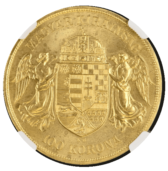 【MS67】1908年 ハンガリー フランツ・ヨーゼフ1世 リストライク 100コロナ金貨(裏)