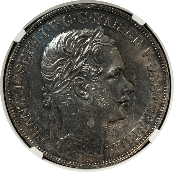 【PF60】1857年 オーストリア フランツ・ヨーゼフ1世 ウィーン・トリエステ鉄道開通記念  2ターラー銀貨(表)