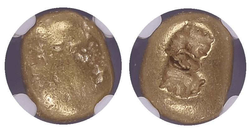 【Ch XF 4/5 4/5】紀元前650年?600年 古代ギリシア イオニア 1/3 スターテル 琥珀金（エレクトラム）貨(表)