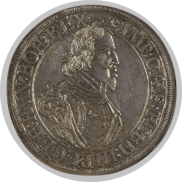 【MS 63＋】1643年 ドイツ 神聖ローマ帝国 フェルディナンド3世 アウグスブルグ 都市景観 ターラー銀貨(表)