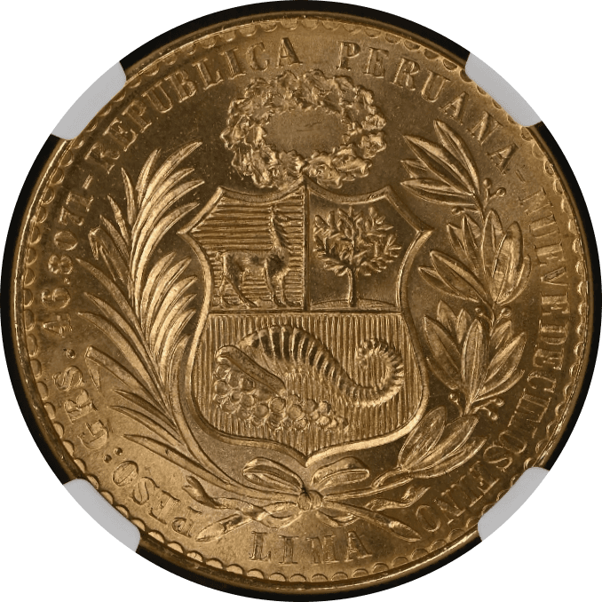 【MS67】1962年 ペルー 女神の坐像 100ソル金貨(裏)