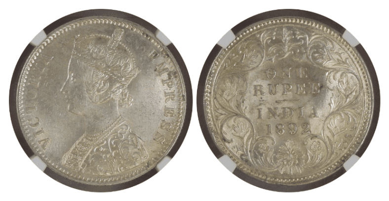 【MS62】1892年 英領インド  ヴィクトリア女王 1ルピー銀貨