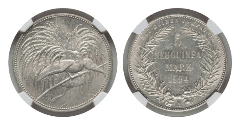 【MS 61】1894年 ドイツ領ニューギニア  極楽鳥 5マルク銀貨