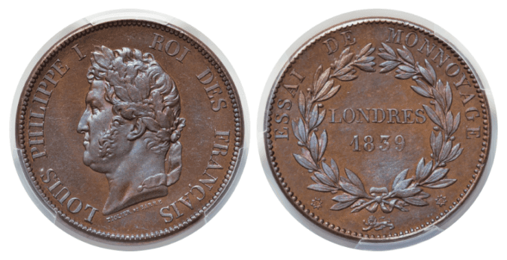 【SP65 BN】1839年 フランス フィリップ1世  試鋳貨 1デシーム銅貨