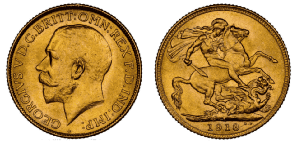 【MS64+】1918年 英領インド ジョージ5世  ソブリン金貨