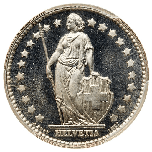 【SP67】1956年 スイス ヘルヴェティア 1フラン銀貨(表)