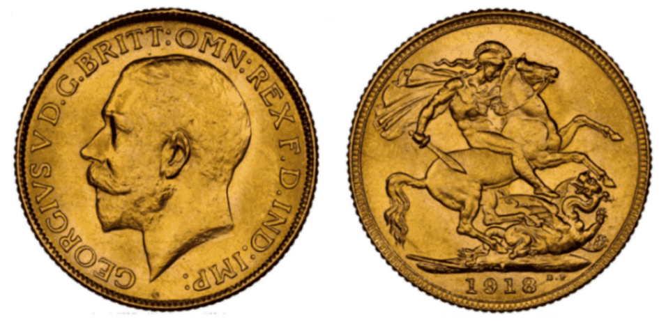 【MS64+】1918年 英領インド ジョージ5世  ソブリン金貨
