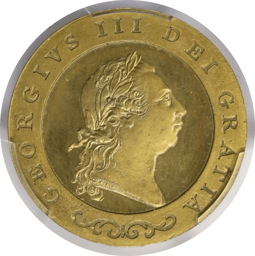 【PR63 CAMEO】1791年 イギリス  ジョージ3世 試鋳貨 1ギニー銅製金貨(表)