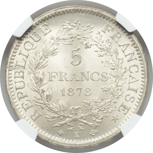 【MS65】1878年 フランス 第三共和政 ヘラクレス 5フラン銀貨(裏)