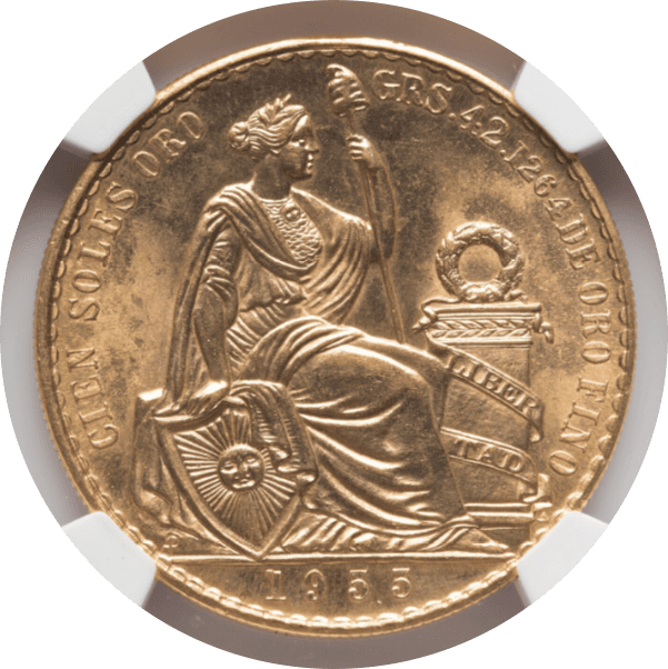 【MS66】1955年 ペルー 女神の坐像 100ソル金貨(表)