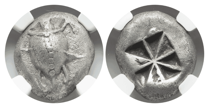 【XF 4/5 2/5】紀元前525年〜480年 古代ギリシア アイギナ(エギナ)島 海亀の甲羅 スターテル銀貨