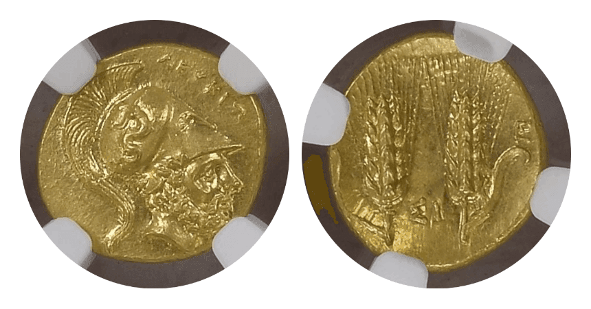 【Ch MS 5/5 4/5 Fine Style】紀元前290年〜280年 古代ギリシャ ルカニア メタポントゥム 1/3スターテル金貨