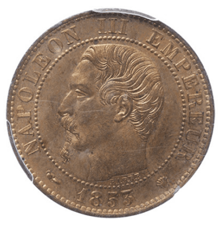 【MS64 RB】1853年 フランス 第二帝政 ナポレオン3世 5サンチーム 銅貨(表)