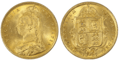 【MS65】1887年 イギリス ヴィクトリア女王 ジュビリーヘッド ”Without JEB” 1/2ソブリン金貨