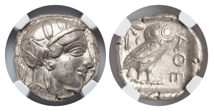 【AU 5/5 4/5】紀元前440年〜404年 古代ギリシア アッティカ 女神アテナ テトラドラクマ フクロウ銀貨