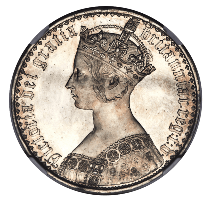 【PF63】1847年 イギリス ヴィクトリア女王 ゴチッククラウン銀貨 アンデシモエッヂ(表)