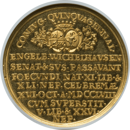 【UNC Details】1758年 ドイツ 神聖ローマ帝国 ブレーメン エンゲルベルト&スザンヌ 結婚50周年記念メダル 8ダカット金貨(裏)