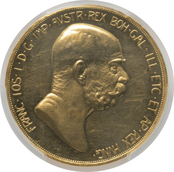 【PR62 CAMEO】1908年 オーストリア 雲上の女神 皇位60周年記念100コロナ金貨(表)