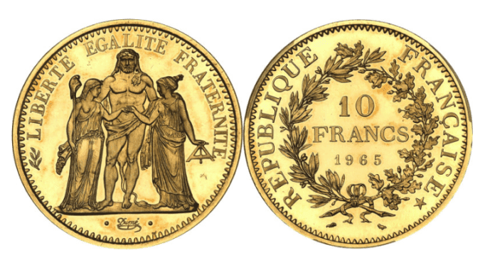 【SP68】1965年 フランス ピエフォー 10フラン 大型金貨