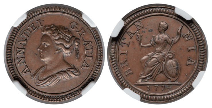 【AU58 BN】1714年 イギリス アン女王 試鋳貨 ファージング(1/4ペニー)銅貨