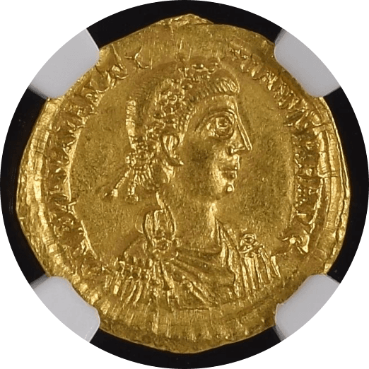 【MS 5/5 4/5】425年-445年頃 古代西ローマ帝国 ヴァレンティニアヌス三世 ソリダス金貨(表)