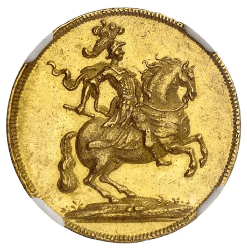 【MS62+】1697年 神聖ローマ帝国 ドイツ アウグスト2世 戴冠式記念 2ダカット金貨(表)