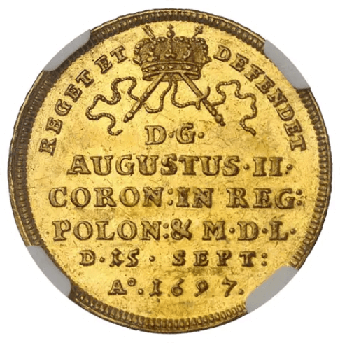 【MS62+】1697年 神聖ローマ帝国 ドイツ アウグスト2世 戴冠式記念 2ダカット金貨(裏)
