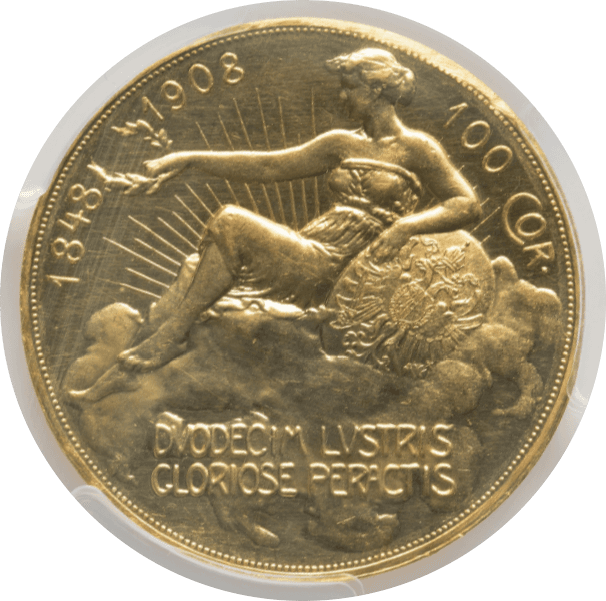 【PR62 CAMEO】1908年 オーストリア 雲上の女神 皇位60周年記念100コロナ金貨(裏)