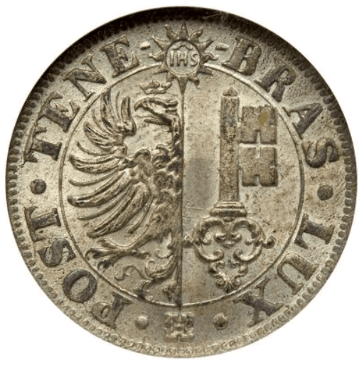 【MS64】1839年 スイス ジュネーブ 4サンチーム ビロン貨(表)