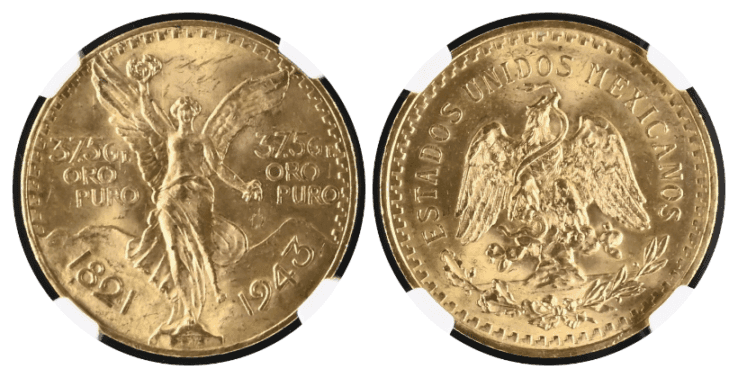 【MS63】1943年 メキシコ 勝利の女神 50ペソ金貨