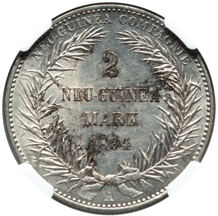 【MS61】1894年 ドイツ領ニューギニア 極楽鳥 2マルク銀貨(裏)