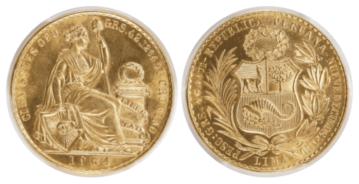 【MS65】1964年 ペルー 女神の坐像 100ソル金貨