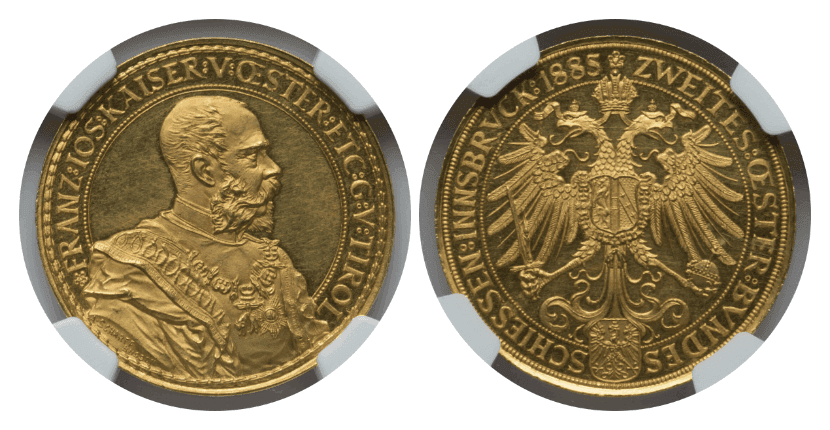 【PF62 ULTRA CAMEO】1885年 オーストリア フランツ・ヨーゼフ1世 インスブルック射撃祭 4ダカット金貨
