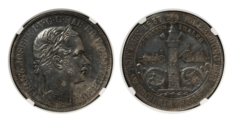 【PF60】1857年 オーストリア フランツ・ヨーゼフ1世 ウィーン・トリエステ鉄道開通記念 2ターラー銀貨