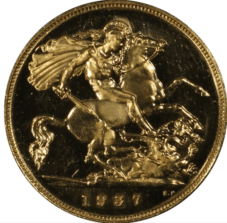 【PR64 DCAM】1937年 イギリス ジョージ6世 1/2ソブリン金貨(裏)
