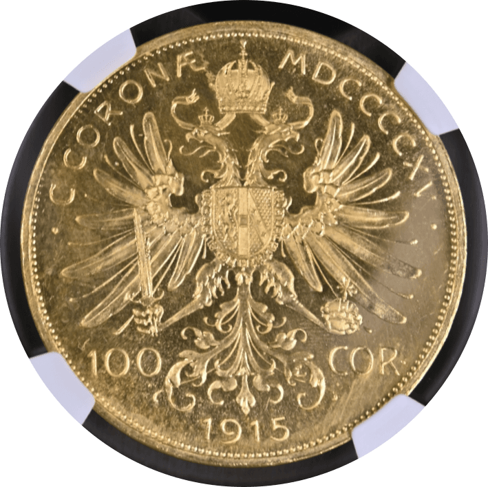 【PF 67 CAMEO】1915年 オーストリア フランツ・ヨーゼフ1世 リストライク 100コロナ金貨(裏)