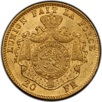 【MS63】1870年 ベルギー レオポルド2世 20フラン金貨(裏)