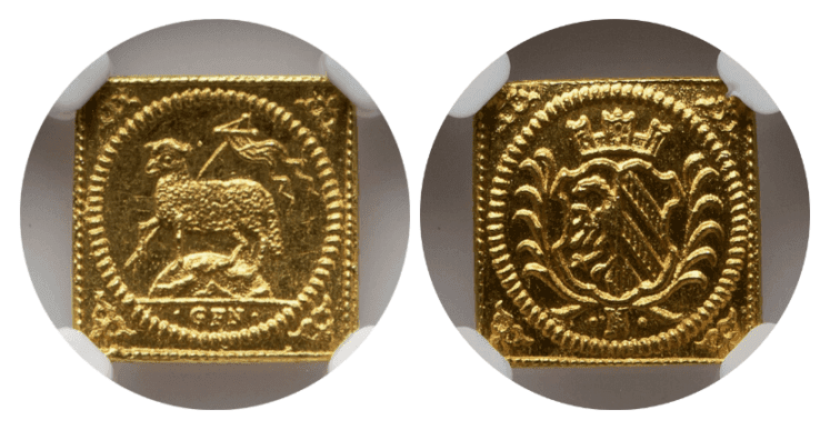 【MS65】1700年 神聖ローマ帝国 ドイツ ニュルンベルク 角ラムダカット(Klippe) 1/4ダカット金貨