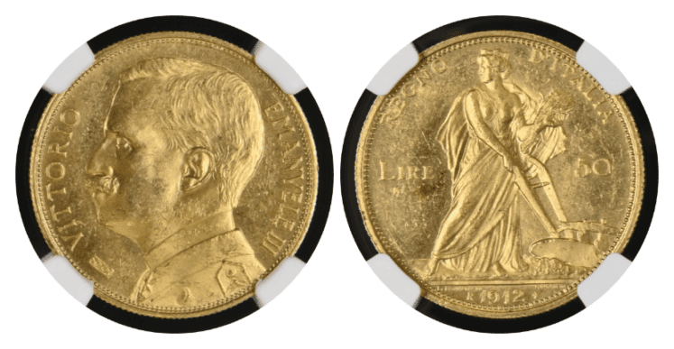 【MS62】1912年 イタリア ヴィットリオ・エマニュエーレ3世 豊穣の女神 50リレ金貨