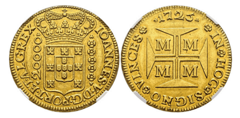 【AU58】1725年 ポルトガル領ブラジル ジョアン5世 20000レイス金貨