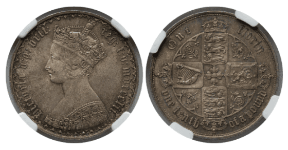 【MS64+】1852年 イギリス ヴィクトリア女王 ゴチック フローリン 2シリング銀貨