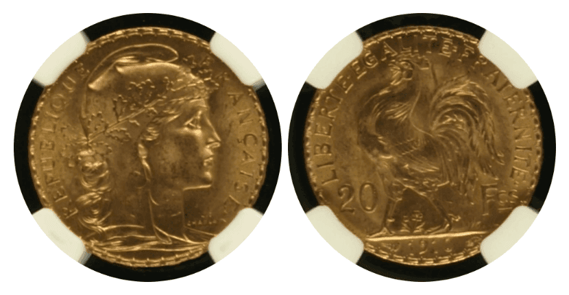 【MS65】1910年 フランス第三共和国 マリアンヌ ルースター 20フラン 金貨