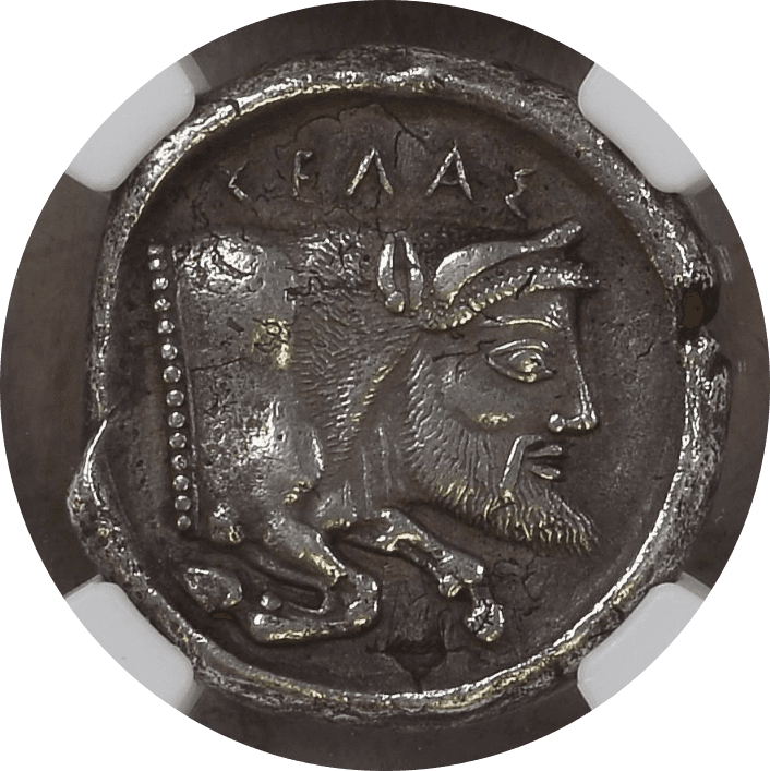 【XF★ 5/5 4/5】紀元前480年〜470年 古代ギリシア シチリア島 川の神「GELA」テトラドラクマ銀貨(表)