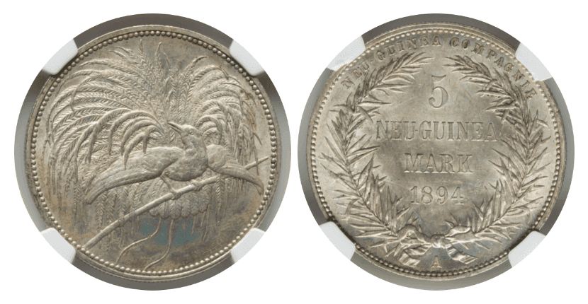【MS65】1894年 ドイツ領ニューギニア 極楽鳥 5マルク銀貨